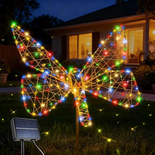 Lomotech Solar Garden Lights - 18" 240 Leds Foldable Outdoor Butterfly Garden Decor, Waterproof Larger Outdoor Solar Lights with Iron for Garden Patio Yard Lawn Pathway Decorations (Multicolor)