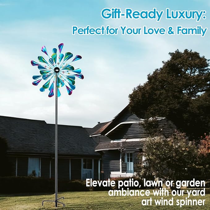 Decoroca Large Outdoor Metal Wind Spinners - Wind Sculptures & Spinners for Yard Patio Lawn Garden Decorations, Windmill Outdoor Clearance with Stable Metal Stake(Blue&Green Rotating)