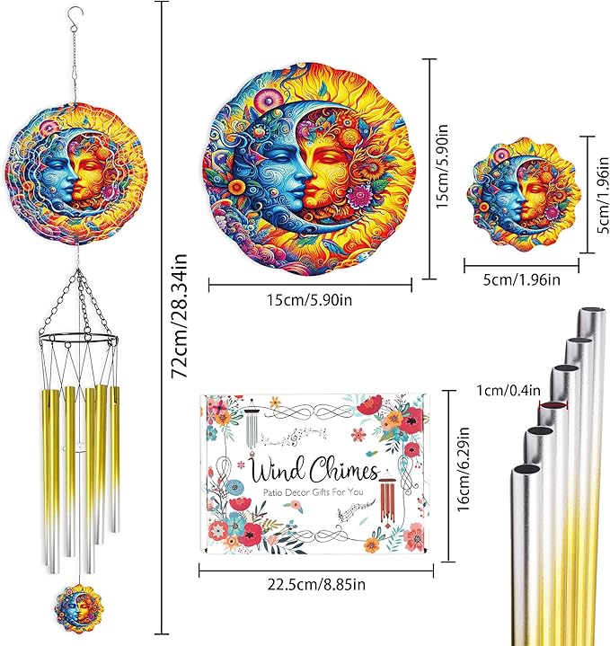 Wind Chime with Sun and Moon Spinner, Celestial Gift for Women, Hanging Metal Wind Catcher with 2" Center Pendant, 6" 3D Stainless Steel Kinetic Art for Garden Yard Décor