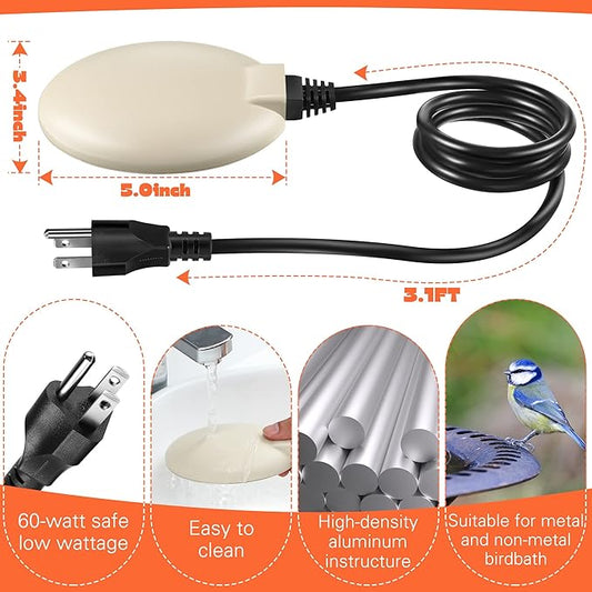 2 Pack Upgrade Bird Bath Heater for Outdoors in Winter, Pond Deicer 60 Watts Birdbath Deicer Water Heater Thermostatically Controlled with Auto Shut off Function for Patio Lawn (White,Frosted Gray)