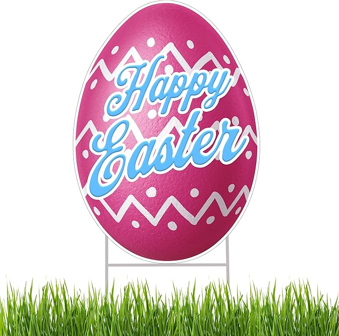 Happy Easter Classic Yard Sign Home Decor Lawn Decoration With Stakes Easter Egg (Pink)