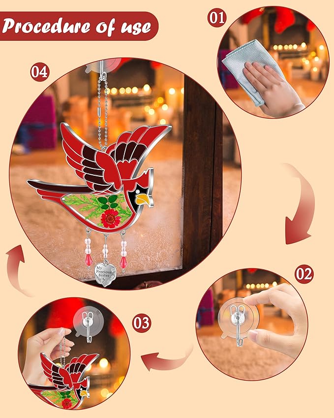 KY&BOSAM Cardinal Suncatcher My Precious Sister Hand-Painted Sun Catcher for Windows Hangings Wind Chime with Pressed Drived Flower Birthday Gifts for Sister Mothers Day Valentine's Thanksgiving Decor