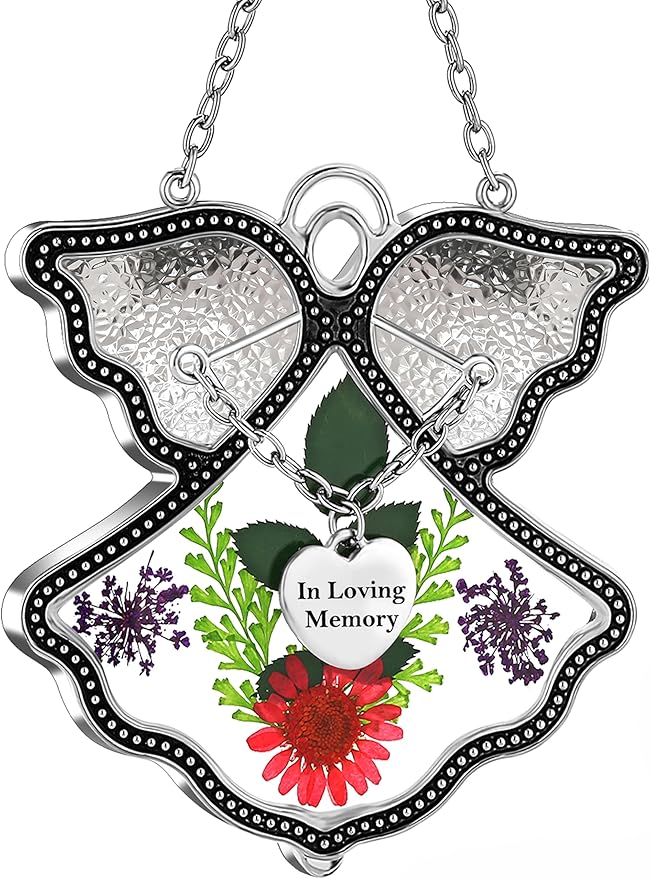 KY&BOSAM Angle Suncatcher in Loving Memory Glass Sun Catchers for Windows Hanging Wind Chime Ornament Pressed Real Flower and Metal Heart Charm Sympathy Bereavement Memorial for Loss Gift