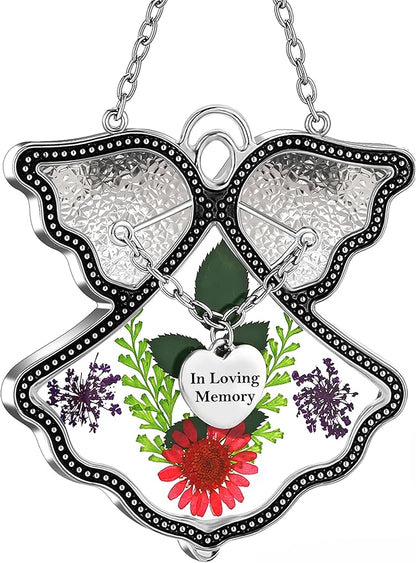 KY&BOSAM Angle Suncatcher in Loving Memory Glass Sun Catchers for Windows Hanging Wind Chime Ornament Pressed Real Flower and Metal Heart Charm Sympathy Bereavement Memorial for Loss Gift