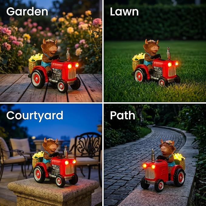 Highland Cow Garden Statue with Solar Light, Farm Animal Decor for Garden, Patio or Lawn, Tractor Riding Outdoor Ornament with Purple Flowers
