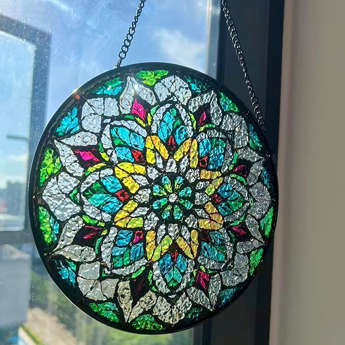Bohemian Mandala Stained Glass Window Hanging Sun Catcher Indoor Outdoor Home Garden Panel Hangings Gift for Kits Adults (Green)