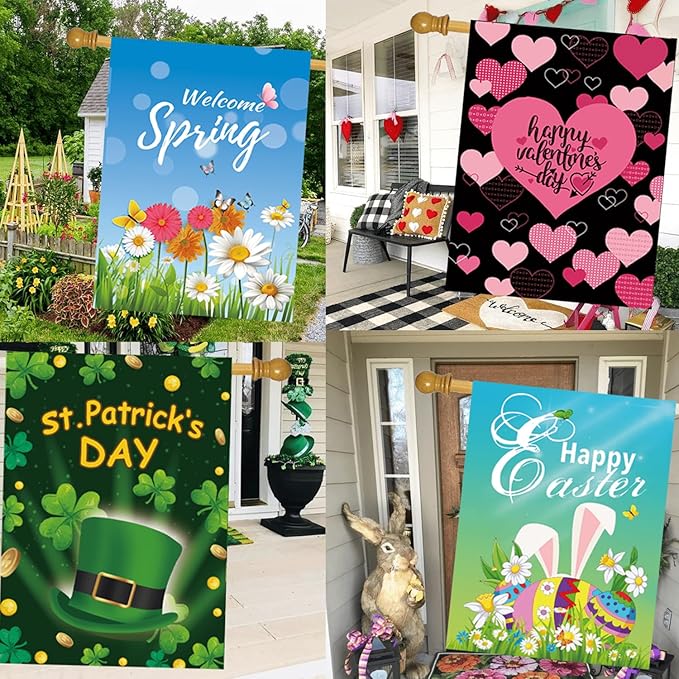 CDLong Seasonal Garden Flag Set of 12 - Double Sided 28 x 40 Inch Large Yard Flags, Outdoor Holiday Decorations for All Seasons, Christmas, Spring, Summer, and Fall - Big House Flags for Outside Decor