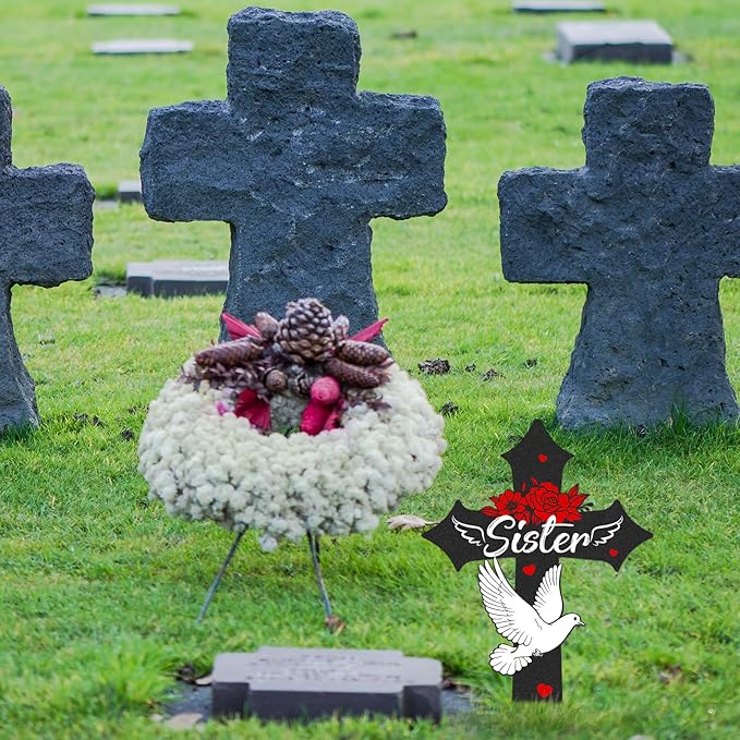 Rngmsi Cross Grave Decorations for Cemetery, Sympathy Memorial Stakes for Loss of Sister, Metal Grave Markers for Cemetery for Sister Outdoors Yard Garden (12 X 7.5 Inches)