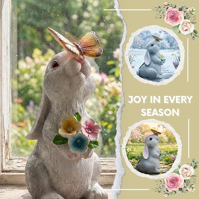 Solar Garden Statues Rabbit with Butterfly and LED Solar Flower Lights, Cute Waterproof Resin Outdoor Decorations for Patio Yard Lawn, Gifts for Housewarming