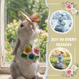Solar Garden Statues Rabbit with Butterfly and LED Solar Flower Lights, Cute Waterproof Resin Outdoor Decorations for Patio Yard Lawn, Gifts for Housewarming