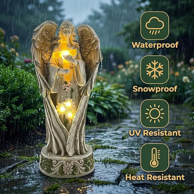 COWOS Angel Statue for Garden, Solar Angel Statue for Cemetery Decorations, Praying Angel Cross Memorial Statue, Memorial Garden Figurine Gift