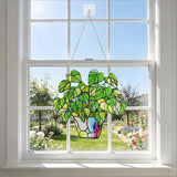 Stained Glass Plant Suncatcher Window Hanging, Marzovitra 10 Inch Real Glass Potted Green Leaves Sun Catcher with Chain Botanical Sun Catcher Window Decor for Home Garden, Plant Lover Gift
