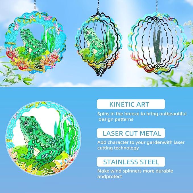 Frog Wind Spinners Outdoor Hanging 3D Frogs Wind Sculpture Outdoor for Silhouette Decoration Gifts,12 Inch Stainless Steel Wind Spinner for Yard, Porch,Balcony,Home,Patio,Spring Garden Decor