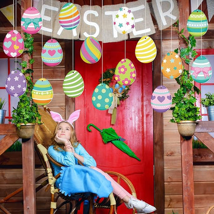 Ferraycle 16 Pcs Easter Decorations Outdoor Easter Eggs Hanging Yard Signs 7.9 Inch Large Colorful Egg Shaped Double Sided Plastic Slices Ornaments for Tree Porch Yard Outside Party Decor(Vibrant Egg)