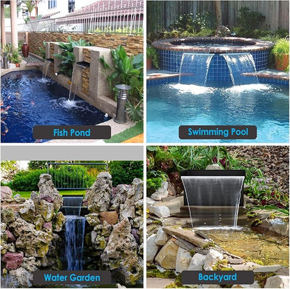 AquaMiracle All-in-1 Pond Waterfall Kit with LED Lights, 12" Stainless Steel Spillway with 660GPH Water Pump, Lighted Waterfall Fountain Outdoor for Water Garden, Backyard, Pool