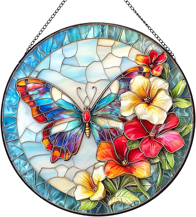 Butterfly Stained Glass Sun Catcher for Window Hanging, Blue Butterfly Suncatcher for Indoor Window Decoration, Stained Glass Window Hanging for Women, Mom 7.9"