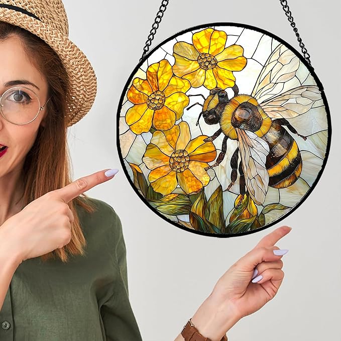 Stained Glass Window Hanging - Yellow Bees Gathering Flowers Sun Catcher for Door Garden Home Decor Cute Suncatcher Christmas Mother's Day Birthday Gifts for Women Men Mom Nana 11.8 in