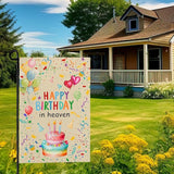 Happy Birthday in Heaven Garden Flag 12x18 Inch Double Sided Colorful Balloon Cake Memorial Yard Banner Outdoor Birthday Remembrance Decoration for Patio Lawn Porch Garden Decor House Flags