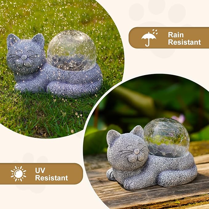 Solar Cat Garden Statue Large for Outdoor Decor with Cracked Glass Figurine Lighting Resin Succulent Cat Decorations Patio Lawn Yard Housewarming Mom Gifts
