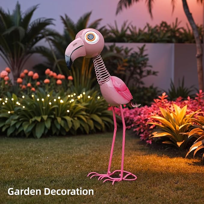 Pink Flamingo Metal Garden Statue, Life Size 35" Cute Spring-Neck Bobble Flamingo with Big Eyes & Long Legs, Adorable Metal Yard Decor for Lawn, Garden or Patio, Rustproof Iron Sculpture
