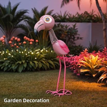 Pink Flamingo Metal Garden Statue, Life Size 35" Cute Spring-Neck Bobble Flamingo with Big Eyes & Long Legs, Adorable Metal Yard Decor for Lawn, Garden or Patio, Rustproof Iron Sculpture