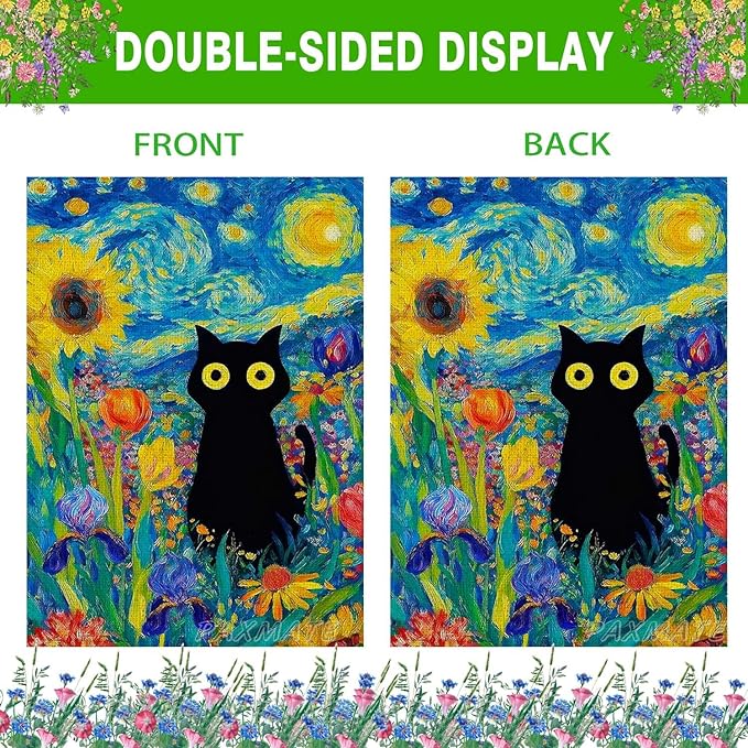 Oil Painting Starry Night Sky Moon Cat Flowers Spring Garden Flag 12x18 Inch Double Sided Small Burlap Yard Flag Seasonal Farmhouse Outdoor Outside Holiday Decoration
