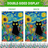 Oil Painting Starry Night Sky Moon Cat Flowers Spring Garden Flag 12x18 Inch Double Sided Small Burlap Yard Flag Seasonal Farmhouse Outdoor Outside Holiday Decoration
