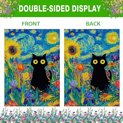 Oil Painting Starry Night Sky Moon Cat Flowers Spring House Flag 28x40 Inch Double Sided Large Burlap Yard Flag Seasonal Farmhouse Outdoor Outside Holiday Decoration