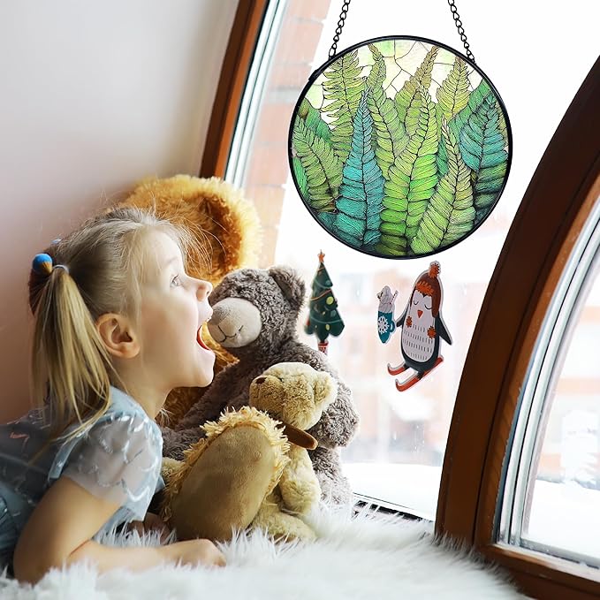TNUW Fern Plant Stained Glass Window Hanging, Gifts for Plant Lovers Sun Catchers Indoor Window Glass Round Wall Art Decor, Fern Botanical Wall Hanging Decorations, 7.9＂x7.9＂