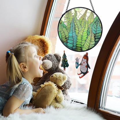 TNUW Fern Plant Stained Glass Window Hanging, Gifts for Plant Lovers Sun Catchers Indoor Window Glass Round Wall Art Decor, Fern Botanical Wall Hanging Decorations, 7.9＂x7.9＂