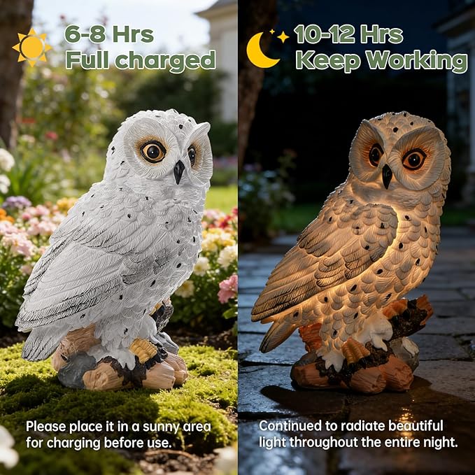 Solar Owl Garden Outdoor Statue,Owl Figurine Sculpture with LED Lights for Porch Patio Lawn Yard Deck Spring Decor - Ideal Easter Day Housewarming for Women Men Owl Lover(White)