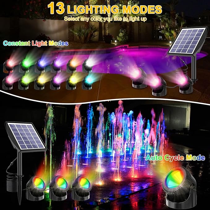 RGB Solar Pond Lights LED Underwater, 13 Lighting Modes Submersible Pond Lights, Smart Auto ON/Off Color Changing Landscape Spotlights with IP68 Waterproof for Outdoor Ponds Garden Patio Decor
