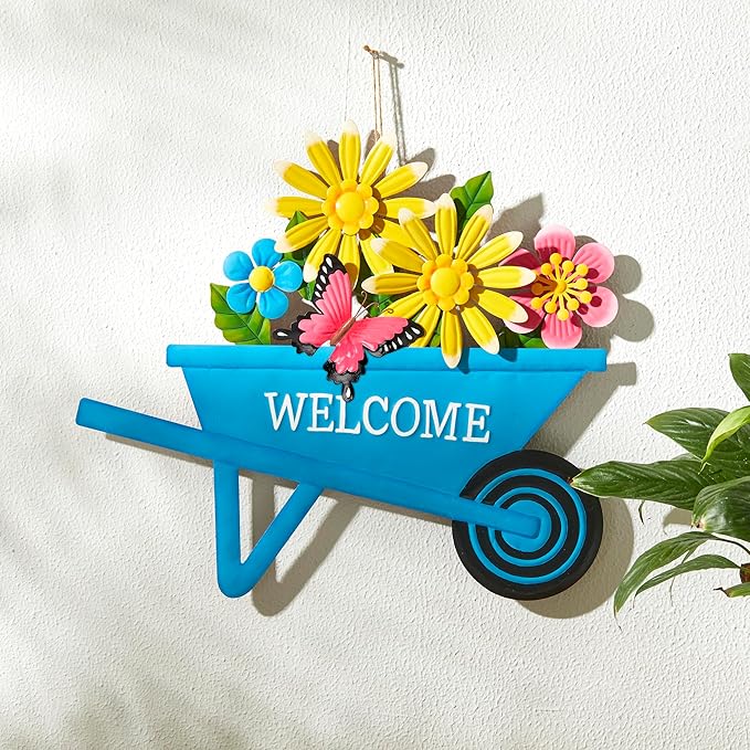Glitzhome Metal Garden Stake Decor, Spring Yard Art Cart with Lifelike Flower or Wall Decor, Flower Barrow Stake Yard Sign Garden Decor for Outside, 30” H
