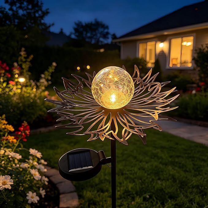 Solar Garden Lights Outdoor Decorative, Sun Crackle Glass Globe LED Solar Stake, Waterproof Metal Yard Lawn Patio Pathway Landscape Lighting, Unique Garden Gifts for Women Mom(Bronze)
