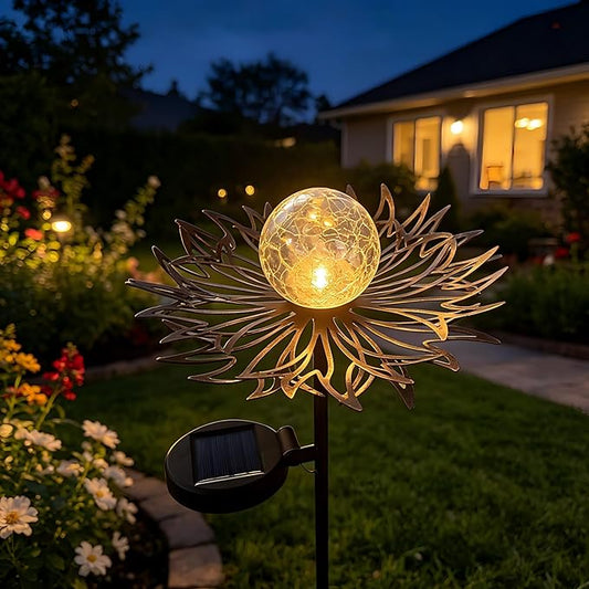 Solar Garden Lights Outdoor Decorative, Sun Crackle Glass Globe LED Solar Stake, Waterproof Metal Yard Lawn Patio Pathway Landscape Lighting, Unique Garden Gifts for Women Mom(Bronze)