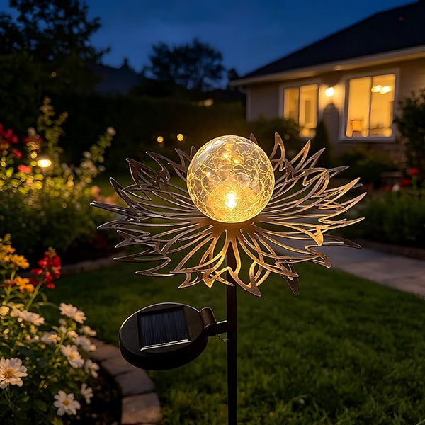 Solar Garden Lights Outdoor Decorative, Sun Crackle Glass Globe LED Solar Stake, Waterproof Metal Yard Lawn Patio Pathway Landscape Lighting, Unique Garden Gifts for Women Mom(Bronze)