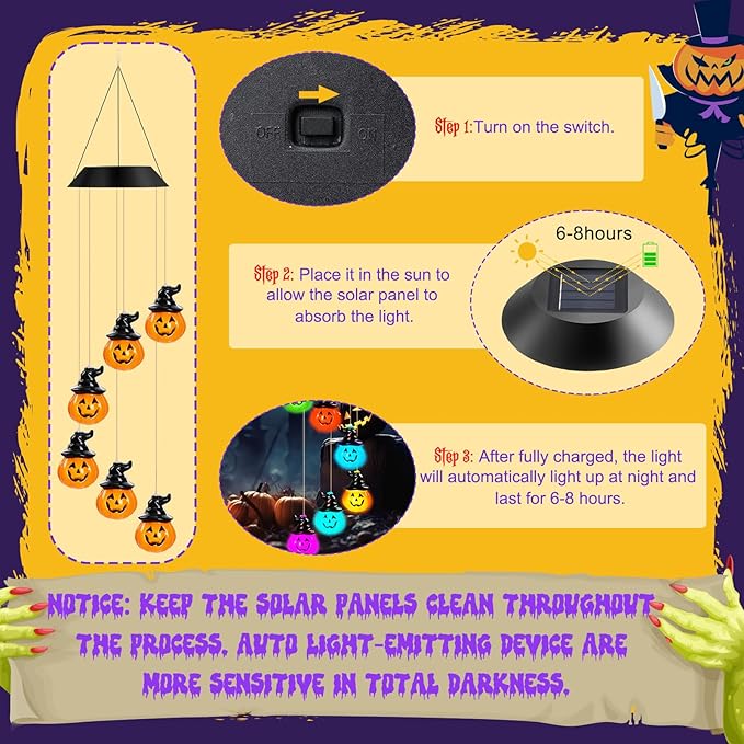 GlikCeil Halloween Solar Wind Chimes 27.5Inch Halloween Decorations Outside Waterproof Hanging LED for Yard, Porch, Patio, Party, Color Changing Eyeballs Ghost Lights (Pumpkin)