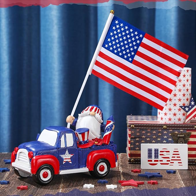 4th of July Garden Gnome Statues USA 250th Anniversary Table Decor Patriotic Resin Statues with American Flag Red White Blue Gnome Yard Figurine Centerpiece for Lawn Garden Patio Home Decor Gift
