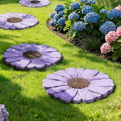 Landoraloria Cement Flower Stepping Stone 10” Daisy Garden Path Stone for Yard & Walkway Handcrafted Non-Slip Outdoor Patio Decor Weather-Resistant Cement Stone (Purple)