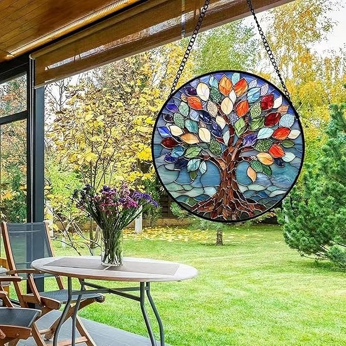 Tree of Life Sun Catcher Acrylic Suncatchers Full Cover Stained Glass Window Hanging Round Ornament Decor for Garden Indoor/Outdoor Housewarming Gift for Women Friends