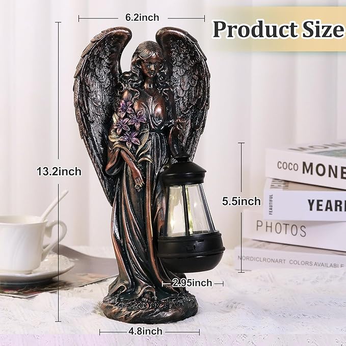 VChymm Solar Angel Outdoor Garden Decor Statues – 13.2 inches Solar Outdoor Sculptures for Outside Yard Art Patio Balcony Front Lawn Ornaments Gifts for Mom Grandma Women（Bronze）
