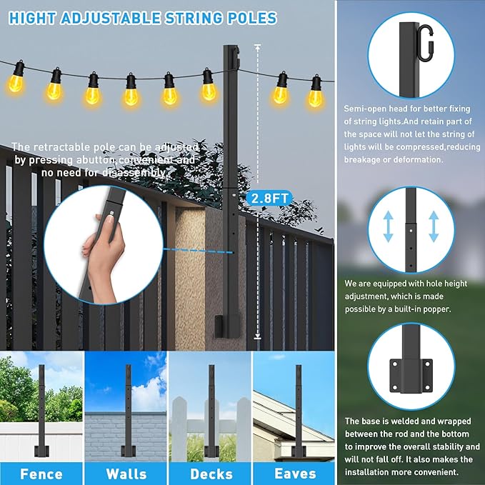 AHRLHR 8 Pack 2.8Ft String Light Poles,Light Poles for Outside Lights,Outdoor with Fence Brackets Hanging Lights,Metal Stand Deck Patio Backyard