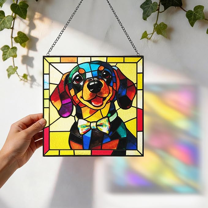 Hanging Stained Glass Dog Suncatcher for Window, Sun Catchers for Outdoor Decoration, Dachshund Garden Decor, Gifts for Women, Lovers, Couple, Friend, Bestie