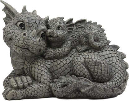 Ebros Whimsical Piggyback Dragon Family Statue 10.25" Long Faux Stone Resin Finish Mother and Baby Animated Dragons Welcome Guest Greeter Decor Figurine