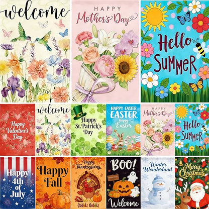 Seasonal Garden Flags Set of 12, KissDate 12 x 18 Inch Double Sided Yard Flags Garden Flags for Outside, Mothers Day 4th of July Summer Spring Garden Flag, Outdoor Banners Holiday Garden Decorations