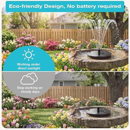 AMZtime Solar Fountain for Bird Bath, 1.4W Solar Fountain Pump 6 Nozzles, 2026 New Free Standing Solar Powered Water Pump for Outdoor, Garden, Fish Tank, Pond and Pool