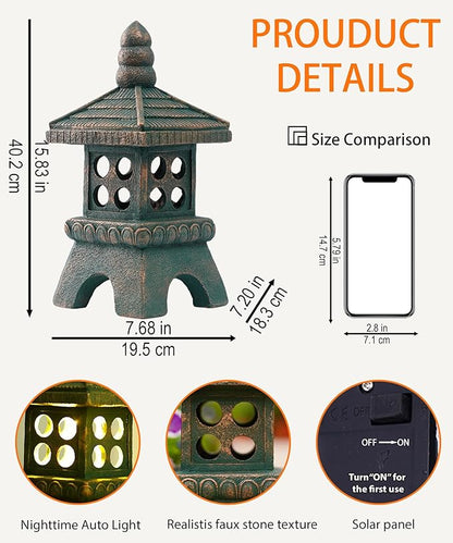 Nacome Solar Pagoda Garden Statues:15.7 inches Outdoor Waterproof Resin Zen Decor for Landscape Balcony Patio Porch Yard Ornament(Bronze)
