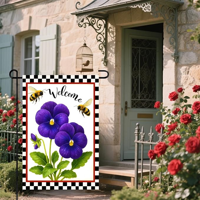 IVN Welcome Garden Flag 12x18 Inch Double Sided Spring Summer Garden Yard Flags Purple Pansy Flowers Bees Decorative Small Flags for Outdoor Seasonal Front Door Lawn Porch Patio Decor Yard Flag