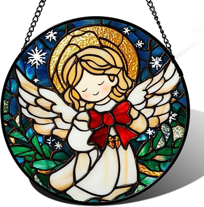 Stained Glass Window Hanging Jesus Cute Angel Large 11.8" - White Angel Suncatcher Door Garden Sun Catcher Home Decor Birthday Christmas for Mom Men Woman Nana Friend Girl