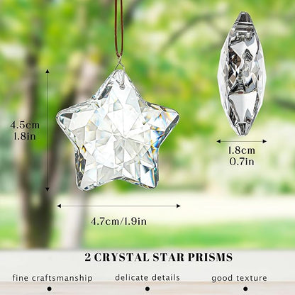 H&D HYALINE & DORA 2 Pcs 2" Crystal Sun Catcher Prisms for Windows Star Chandelier Crystals Clear Hanging Crystals for Patio,Chandelier,Garden Decoration